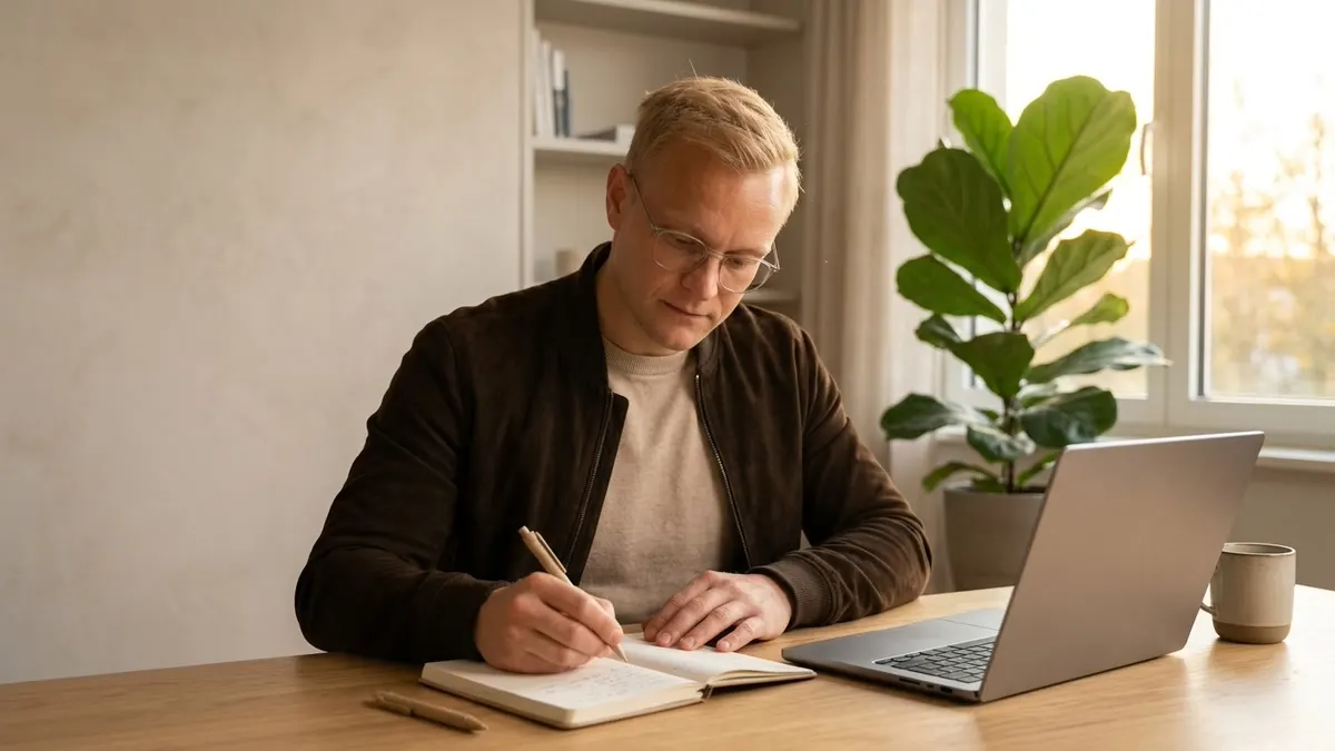 Sebastian Wagner von Berufswende sitzt am Schreibtisch vor dem Laptop und macht sich Notizen